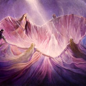 Etheral beings in cosmic, purple-hued illustration.